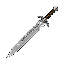 A single ornate sword, positioned diagonally, with a brown woven grip, a silver crossguard with detailed patterns and circular embellishments, and a silver blade featuring pixelated runes.