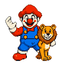 A cheerful clown in a red cap and blue overalls stands next to a creature with a lion's mane and legs and a cat's face.