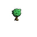 A vibrant green pixelated tree with a brown and yellow trunk against a black background.