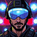 Stern paramilitary officer with glowing blue cyberpunk visor goggles and a dark helmet, illuminated by flashing red and blue police lights.
