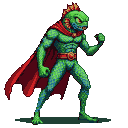 Emerald-scaled amphibian warrior with red fins, sharp teeth, and a billowing red cape.