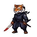 A tiger-headed ninja in dark attire with orange accents, holding a blood-stained sword.