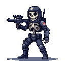 Skeletal figure in black tactical SWAT gear holding a weapon, facing forward, against a black background.