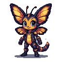 Anthropomorphic moth-humanoid in segmented armor with orange and yellow wing patterns.