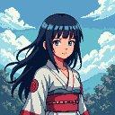 Young anime girl with long dark blue hair and bright blue eyes, looking forward with a wistful expression. Her hair blows gently left. She wears a kimono with red accents. The background shows a pale blue sky with clouds and a dark green forest line.
