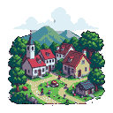 Pixelated village with red-roofed houses, a church with a white steeple, and dirt paths, surrounded by green hills and trees.