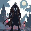 A silhouetted vigilante in a dark, tattered trench coat and a mask with inkblot and crescent patterns, holding a crescent weapon, stands against a hazy, moonlit city skyline.