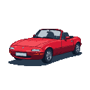 Red Mazda Miata convertible with the top down, angled slightly.