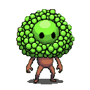 A bulbous creature with a large, radioactive green head surrounded by a halo of smaller green spheres. Its body is brown and root-like with spindly limbs and small, claw-like hands. It has two dark, vacant circles for eyes.