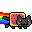 Dark gray pixel cat with rosy cheeks, bright white eyes, and a red, purple-dotted, yellow-outlined casing, leaving a vibrant rainbow trail.