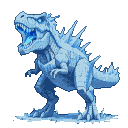 A translucent ice Tyrannosaurus Rex with jagged spikes, its jaws agape revealing a blue glow, and intense icy blue eyes.
