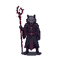 A necromancer with a wolf's head and red eyes, holding a glowing staff.