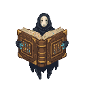 Cloaked figure with a white mask-like face, holding open a glowing, ornate leather-bound book filled with arcane glyphs.