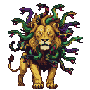 A lion with a mane of writhing green and purple snakes.