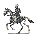 A skeletal rider on a skeletal horse in mid-stride, rendered in monochromatic pixel art against a black background.