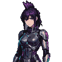 Anime cyborg woman with a spiky purple mohawk, wearing a dark, form-fitting cybernetic suit with teal and purple accents.