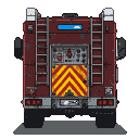 Rear view of a weathered, deep red Magirus-Deutz fire truck with a blue light bar, white lights, and silver ladders. Features a detailed control panel, yellow chevron with red stripes, Star of Life symbol, and license plate "VF - 23945". Dark, dithered ch