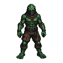 Humanoid chameleon ninja with emerald green skin, masked face, reptilian eyes, and earth-toned combat attire.