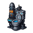 A futuristic toilet machine with glowing blue liquid in the bowl, next to a glowing orange furnace-like cylinder.