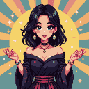 K-pop mage with flowing black hair and blue eyes, wearing a dark off-the-shoulder robe with a red and black sash, hands held open. Ethereal background with yellow and blue sunburst and twinkling stars.