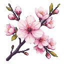 Delicate pink sakura blossoms with hints of deeper pink and yellow at their centers, interspersed with tiny unfurled buds and muted green leaves, against a stark black background with dark, angular branches.