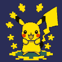 Pikachu with mouth open in a joyful expression, surrounded by yellow stars against a deep blue background.