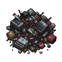 A top-down view of a chaotic pile of discarded computer parts, tangled wires, and electronic refuse, creating a bleak, dystopian landscape.
