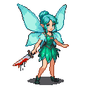 Pixellated fairy with teal hair and wings, wearing an emerald green dress, holding a bloody knife.