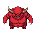 A hulking, crimson demon with sharp horns, a menacing grin, and narrowed, furious eyes.