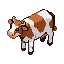 A brown and white cow in isometric pixel art, facing left with one front leg raised.
