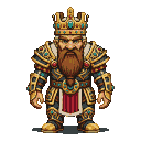 A dwarf king wearing a large golden crown with gems, ornate gold and dark metallic armor with teal and ruby accents, and a bushy brown beard.