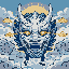 Silver-white and indigo mythical mask with glowing gold cloud-like eyes, detailed with cloud and scale patterns, framed by swirling luminous clouds against a dawn sky.