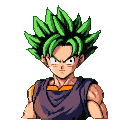 Young man with spiky green hair, dark purple sleeveless tunic, and orange undershirt, looking determined.