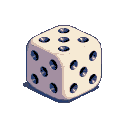A white six-sided die shown from an isometric perspective, with three faces displaying blue pips. A muted purple-blue shadow is cast beneath it.