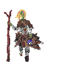 Gaunt undead figure with blonde hair, piercing purple eye, and tattered robes, holding a gnarled staff. A swirling blue and purple energy vortex emanates from its chest.