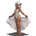 Mulatto elf with flowing white hair and blue eyes, lifting the hem of a sheer white dress.