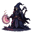 A skeletal figure in tattered dark robes, with glowing yellow eyes, conjures a swirling pink energy orb.