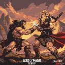 Two pixelated, muscular warriors with flowing capes battle fiercely in a fiery, ochre landscape.