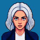 Pixel portrait of a character with white hair and an intense, direct gaze, wearing a dark jacket over a white shirt against a blue background.