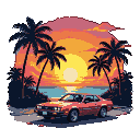 Pixelated sunset over a coastal road with a red sports car and silhouetted palm trees.