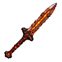 A volcanic sword with a blade of molten rock and dark metal, glowing with internal heat.