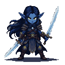 Dark elf warrior with blue skin, yellow eyes, and flowing dark hair, holding two glowing swords, wearing dark armor.