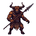 Minotaur with spear, red eyes, horns, leather armor, and loincloth.