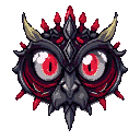 Menacing owl-like visage with glowing red eyes, sharp dark plumage, and crimson accents.