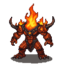 A muscular fire elemental with molten orange and red body, erupting flames, and dark horned armor.