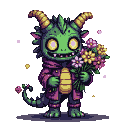 A green reptilian creature with large yellow eyes and golden horns, wearing a purple hooded cloak, holds a bouquet of pink and yellow flowers.