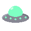 A classic flying saucer with a glowing mint green domed top and a gray disc body, accented by small mint green lights, hovers against a black background.