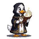 Anthropomorphic duck cleric in a black cassock with gold trim and white collar, holding a glowing sacred bible.
