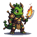 Humanoid dragon in golden armor, wielding a flaming scythe, poised for battle.