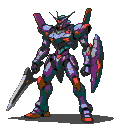 A towering, angular mecha with purple, teal, and orange armor, wielding a sword and shield.